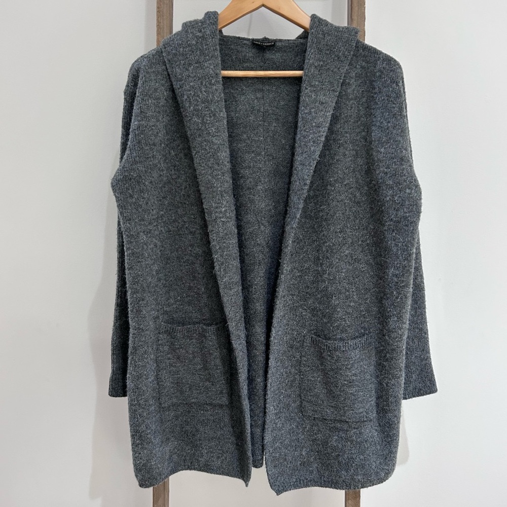 Coco + Carmen Gray Fuzzy Knit Hooded Cardigan Open Front Pockets Size S/M